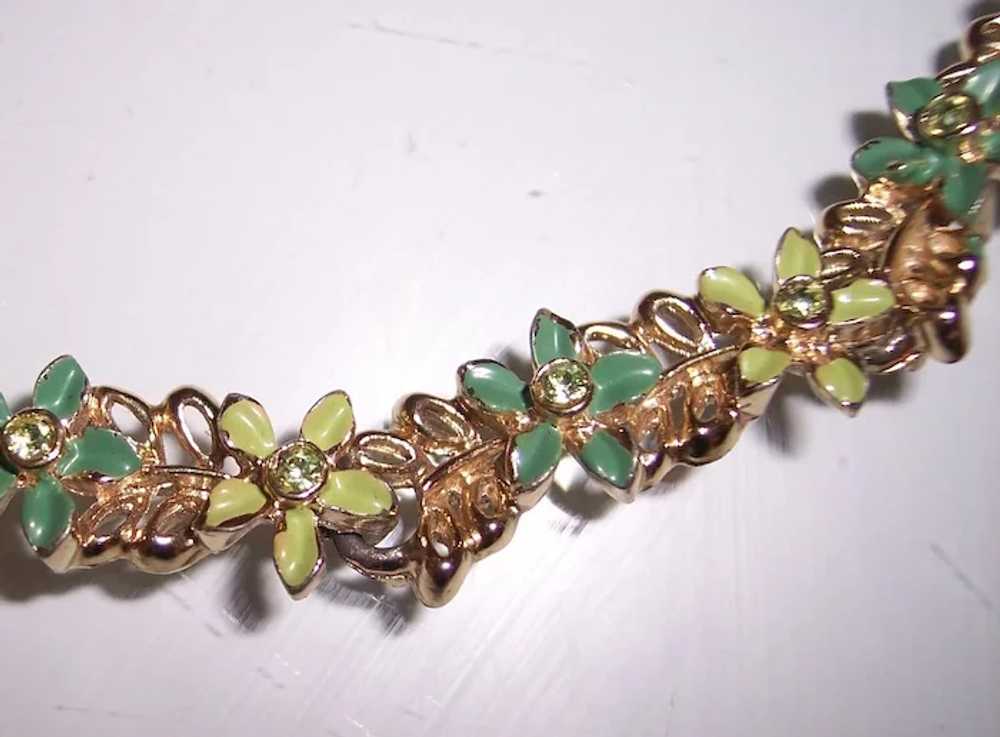 Vintage Green Enamel & Rhinestone Floral Necklace - image 2