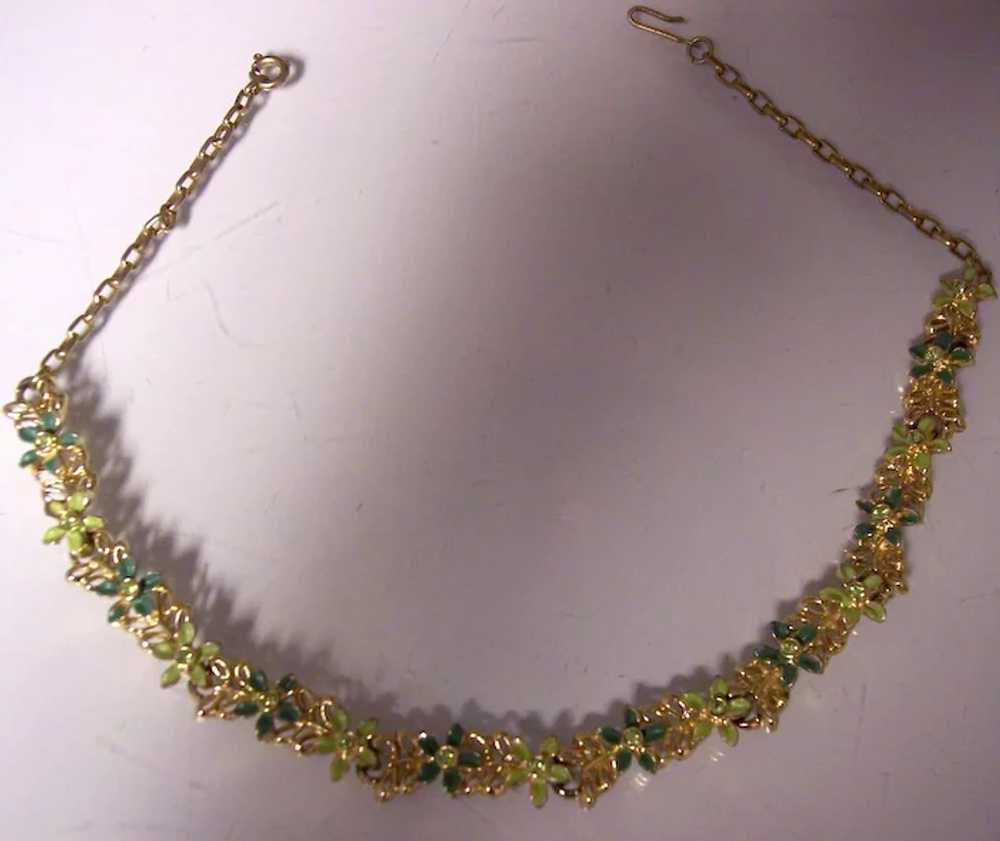 Vintage Green Enamel & Rhinestone Floral Necklace - image 4