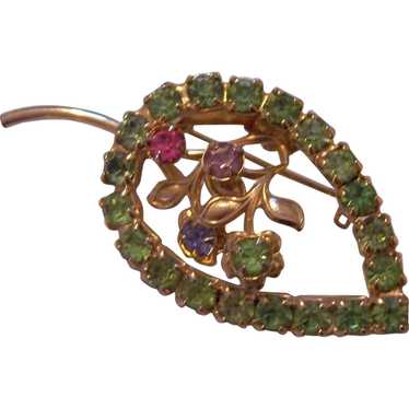 Vintage Peridot & Pastel Rhinestone Leaf Brooch