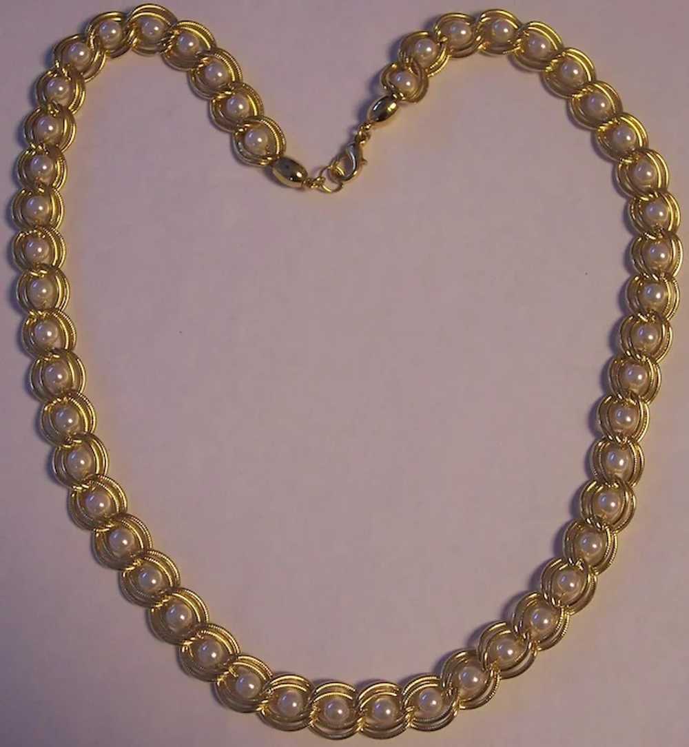 Faux Pearl Double Link Gold tone Necklace - image 2