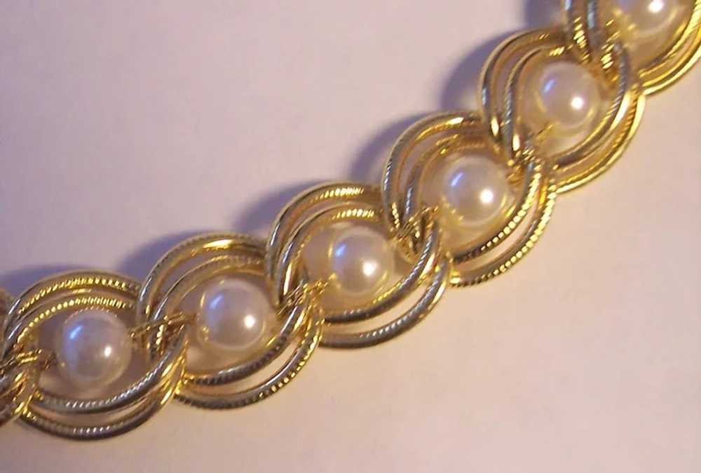 Faux Pearl Double Link Gold tone Necklace - image 3