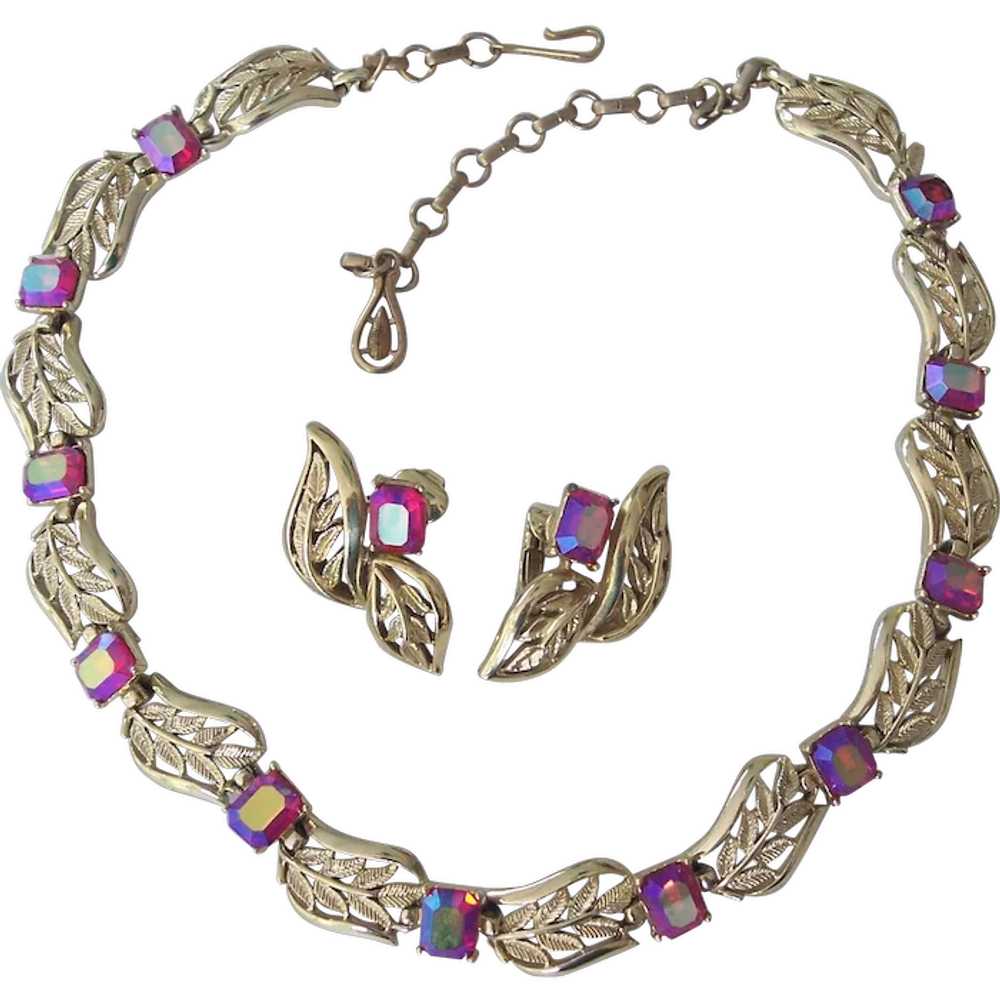 Coro Raspberry AB Rhinestone Necklace & Earrings … - image 1