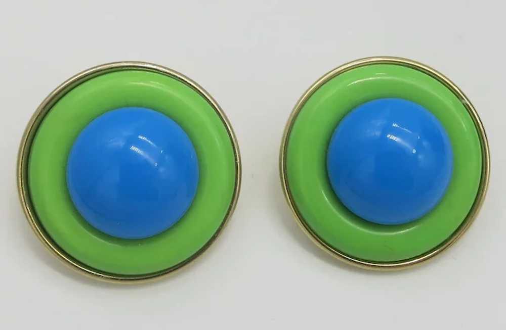 Lime Green and Turquoise Lucite Round Earrings - image 2