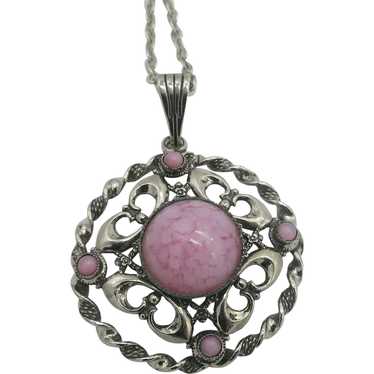 Pretty Pink Mottled Glass & Silver tone pendant N… - image 1