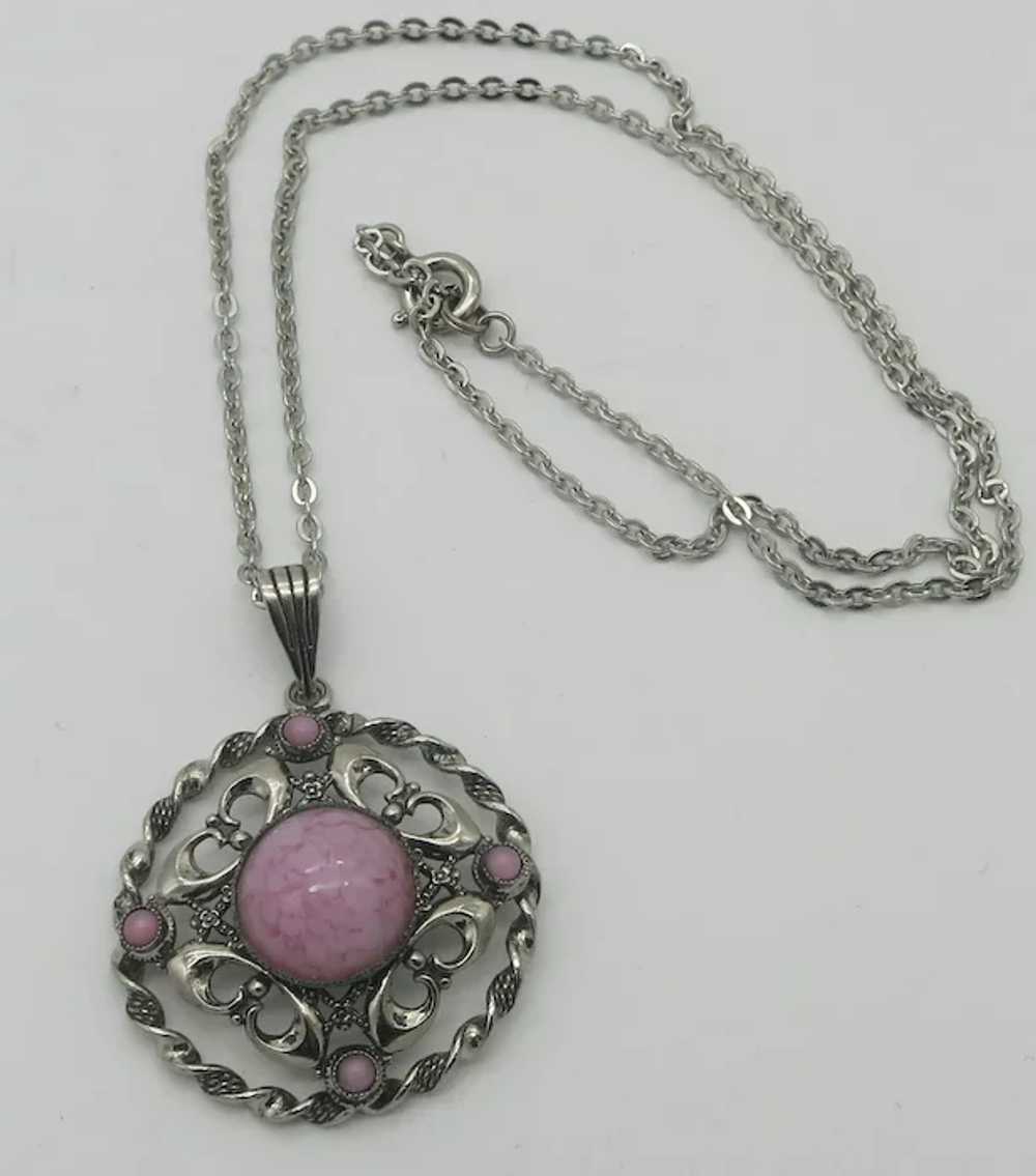 Pretty Pink Mottled Glass & Silver tone pendant N… - image 2