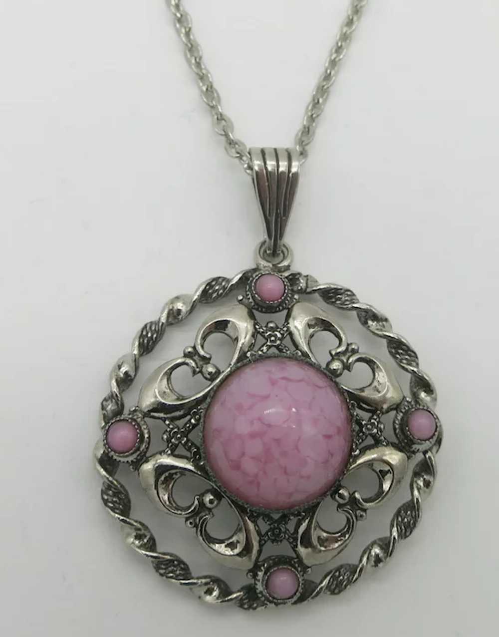 Pretty Pink Mottled Glass & Silver tone pendant N… - image 3