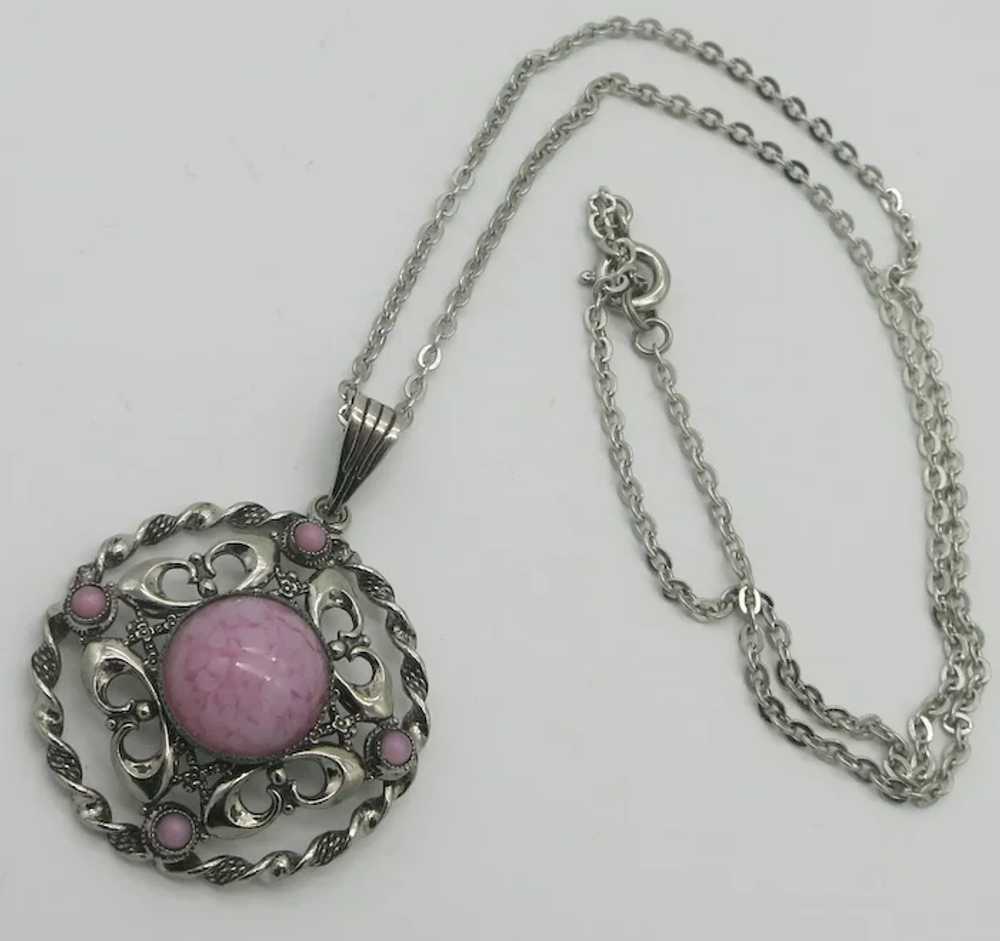 Pretty Pink Mottled Glass & Silver tone pendant N… - image 4