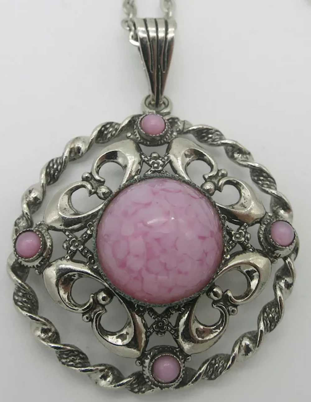 Pretty Pink Mottled Glass & Silver tone pendant N… - image 5