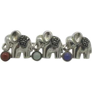 Sterling Silver Line of Elephants Brooch w/ Trunk… - image 1