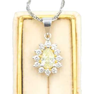 18k Fancy Yellow Pear Diamond Halo Pendant Necklac