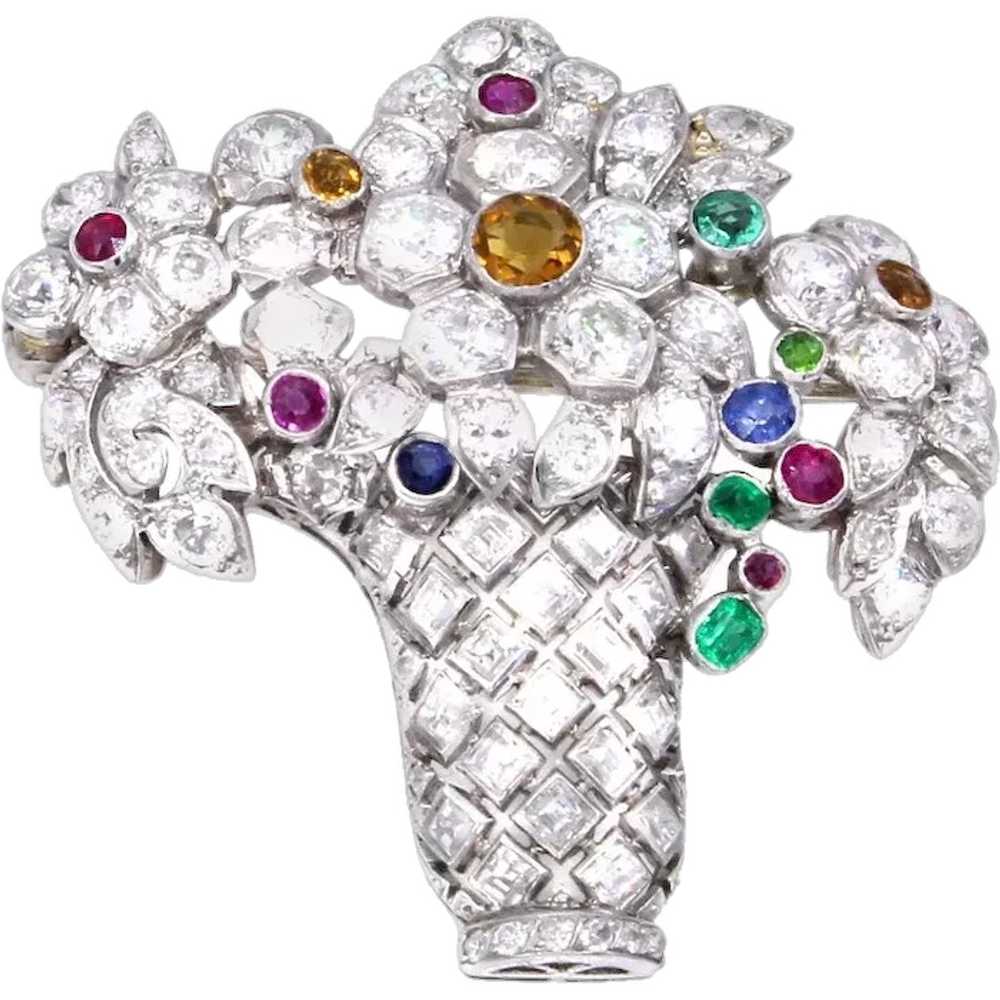 Art Deco Diamond Gem Set Platinum Jardinière Broo… - image 1