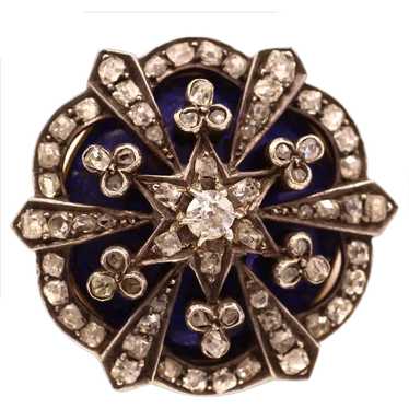 Antique Blue Enamel Rose Cut Diamond Brooch