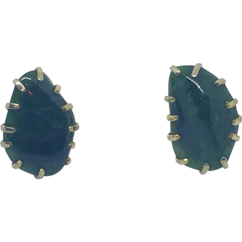 Signed Kramer Green Natural Stone Clip Earrings G… - image 1