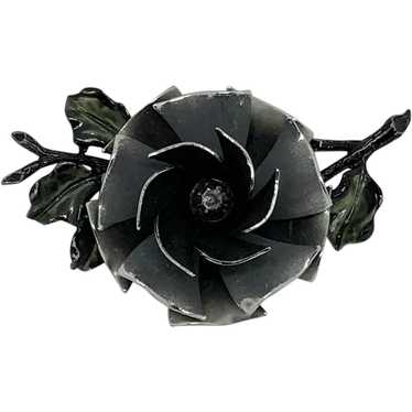 Unique Coro Black Enamel Flower Pin Brooch Rose G… - image 1