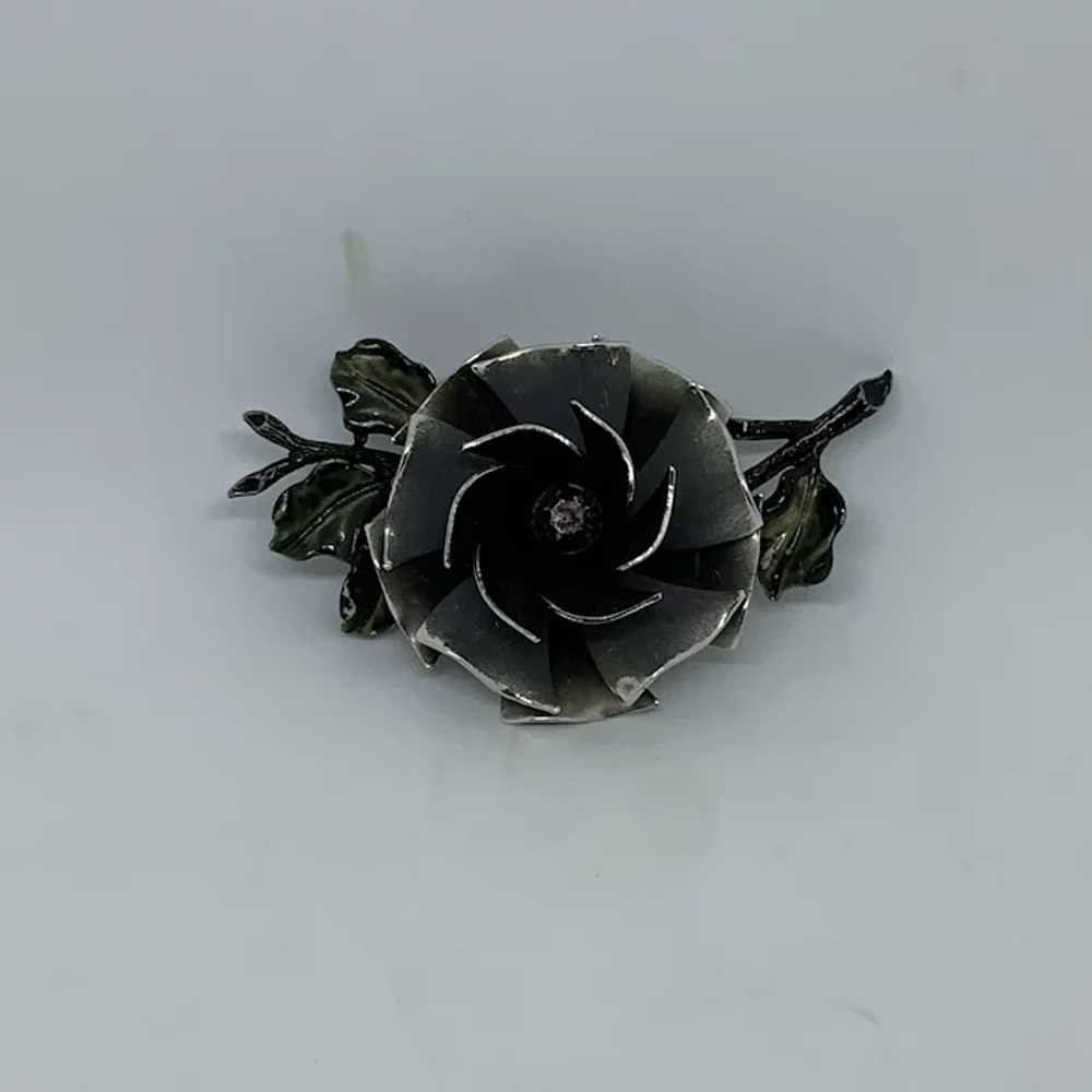 Unique Coro Black Enamel Flower Pin Brooch Rose G… - image 2