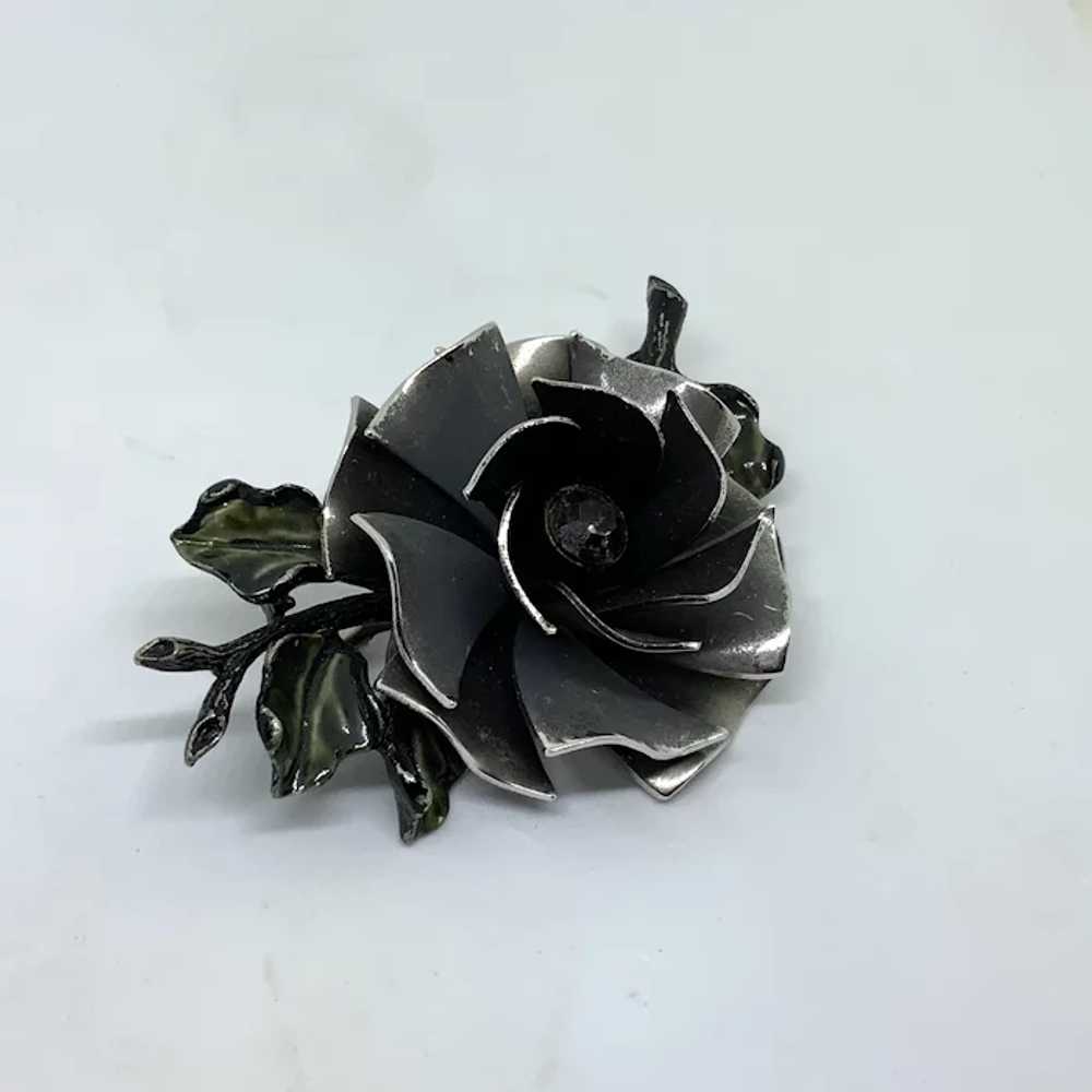 Unique Coro Black Enamel Flower Pin Brooch Rose G… - image 3