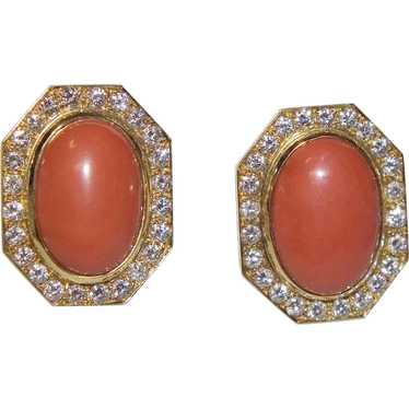 Vintage 18k Gold Coral and Diamond Earrings