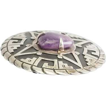 Vintage sterling silver amethyst round pin pendant