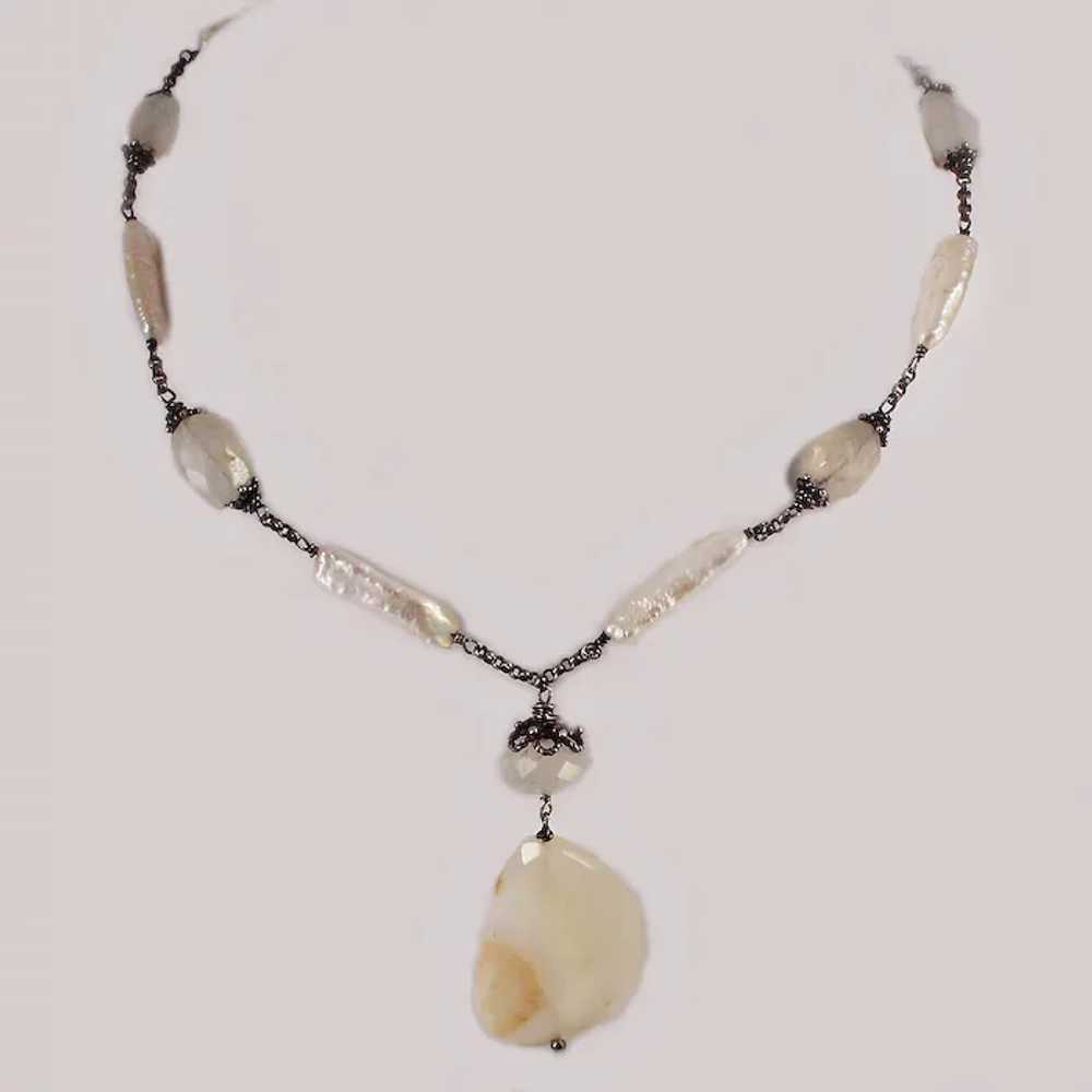 Victorian Chalcedony Blister Pearl Sterling Neckl… - image 1