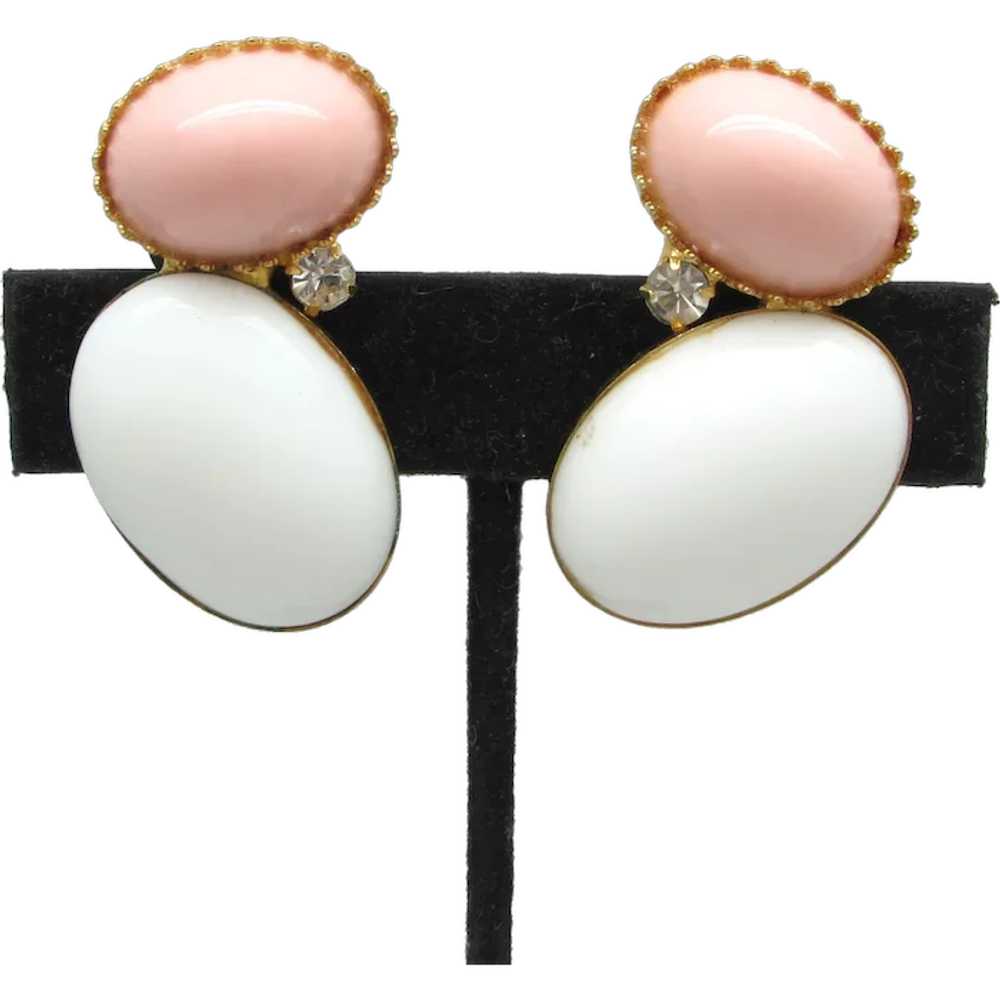 Pink and White Cabochon Earrings accented with Rh… - image 1