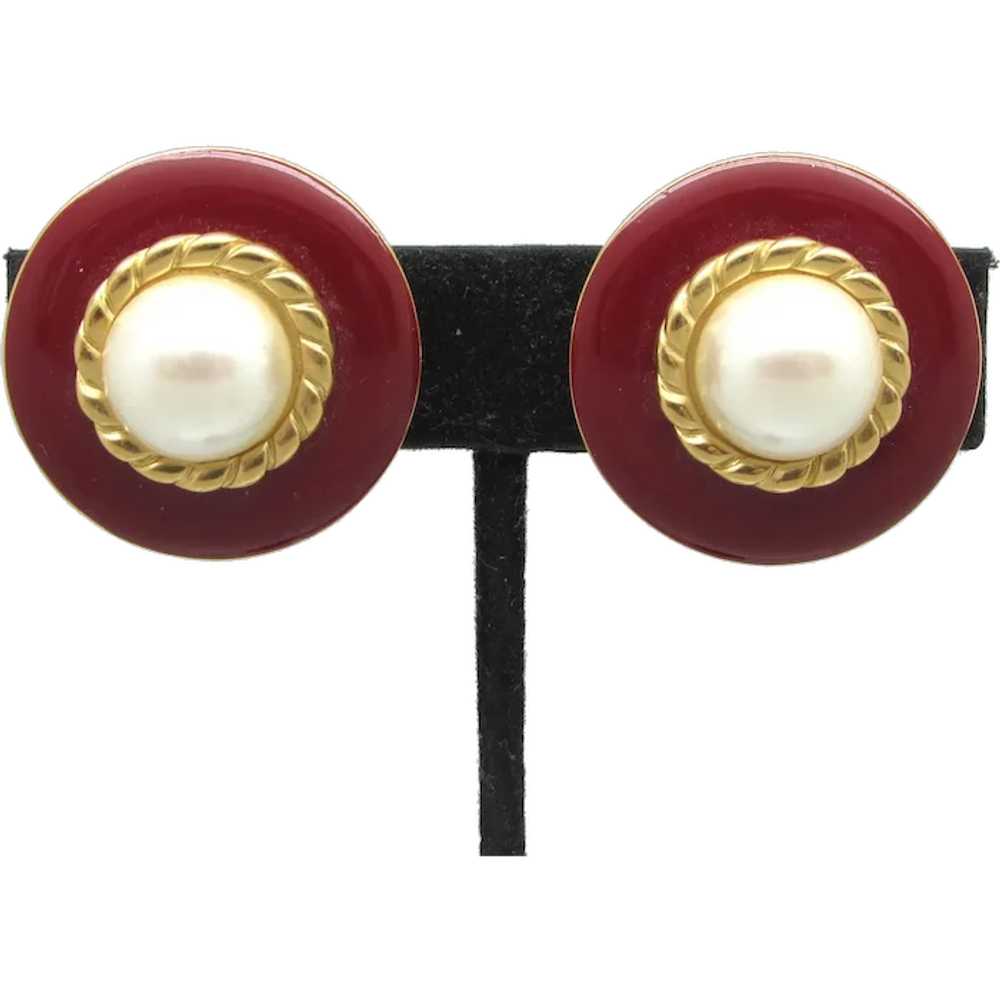 Monet Red Enamel Earrings With Imitation Pearls - image 1