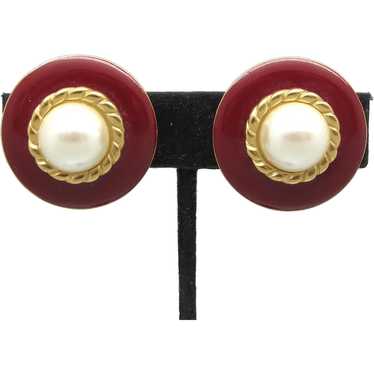 Monet Red Enamel Earrings With Imitation Pearls - image 1