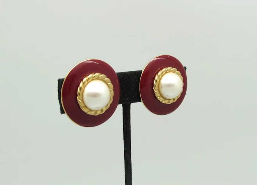 Monet Red Enamel Earrings With Imitation Pearls - image 2