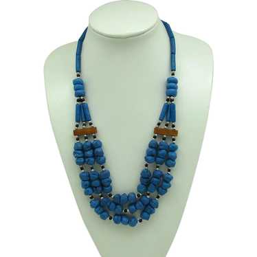 Three Strand Blue Ceramic Bead Necklace