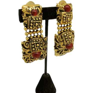 Baroque Style Earrings with Carnelian Colored Gla… - image 1
