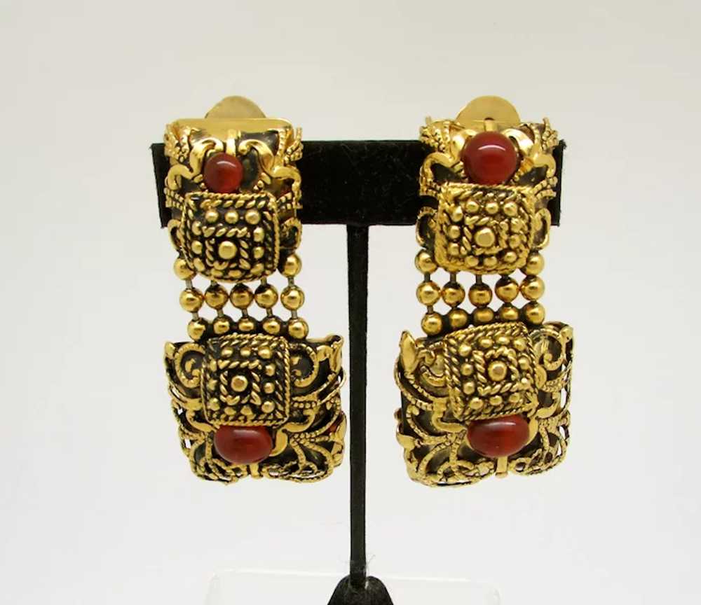 Baroque Style Earrings with Carnelian Colored Gla… - image 2
