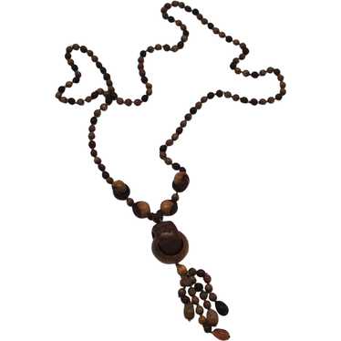 Two Tone Interlocking Wood Bead Pendant with Tassl