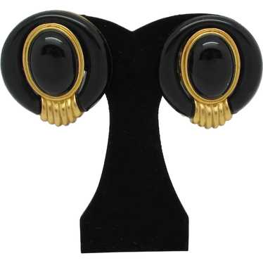 Black Enamel and Goldtone Metal Earrings