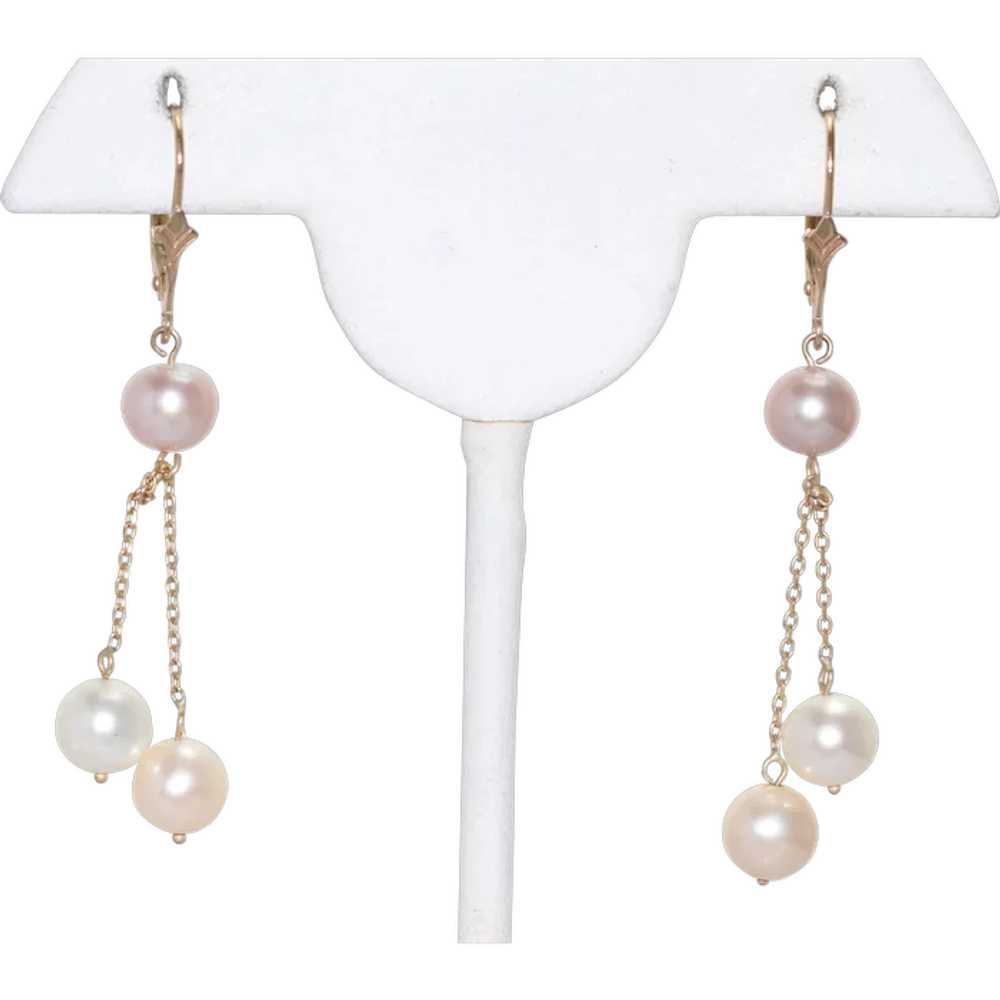 14KT Yellow Gold Dangling Tri Color Pearls Earrin… - image 1
