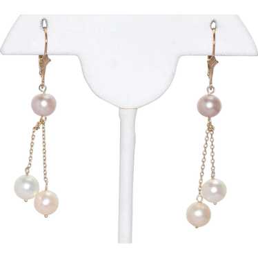 14KT Yellow Gold Dangling Tri Color Pearls Earrin… - image 1