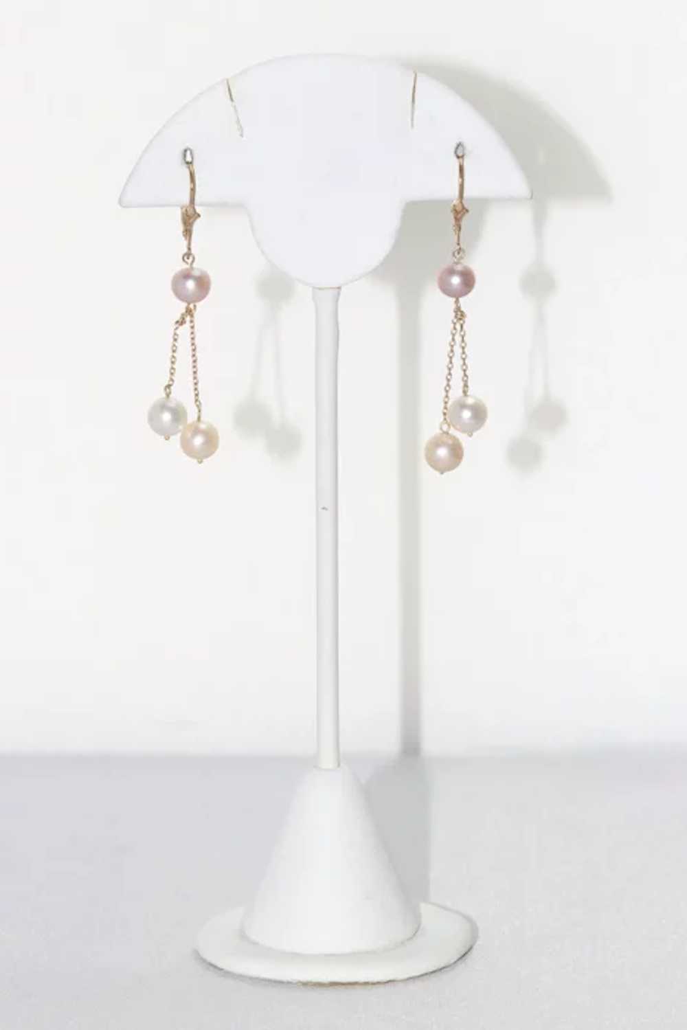 14KT Yellow Gold Dangling Tri Color Pearls Earrin… - image 2