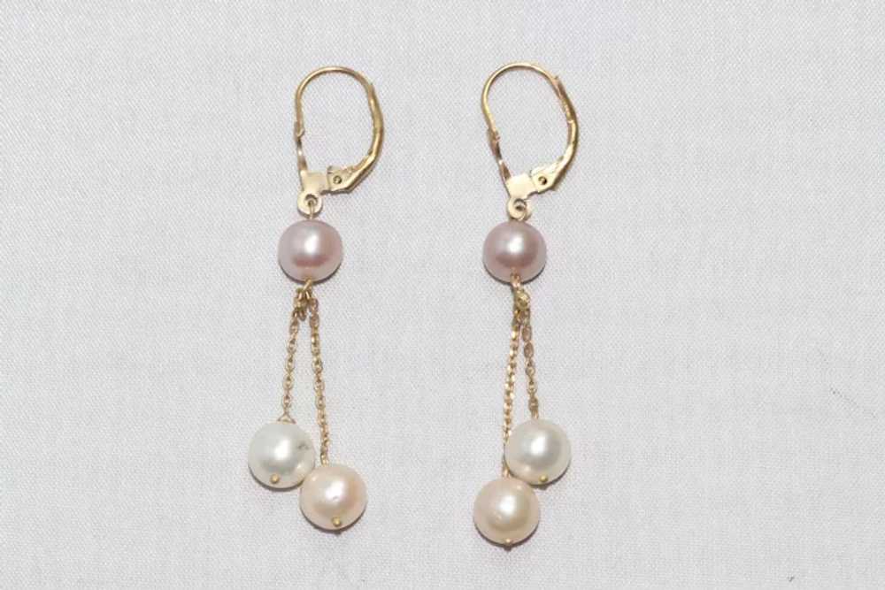 14KT Yellow Gold Dangling Tri Color Pearls Earrin… - image 3
