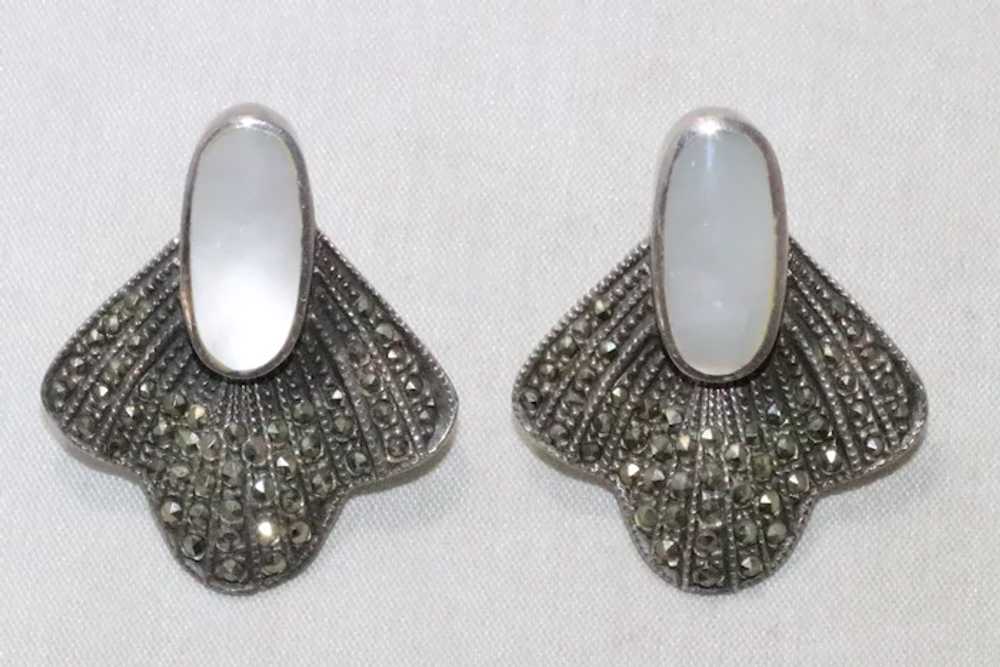 Vintage Mother of Pearl Marcasite Earrings - image 2