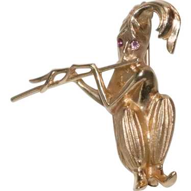 Vintage 14K Yellow Gold Ruby Flute Musician Brooch - image 1
