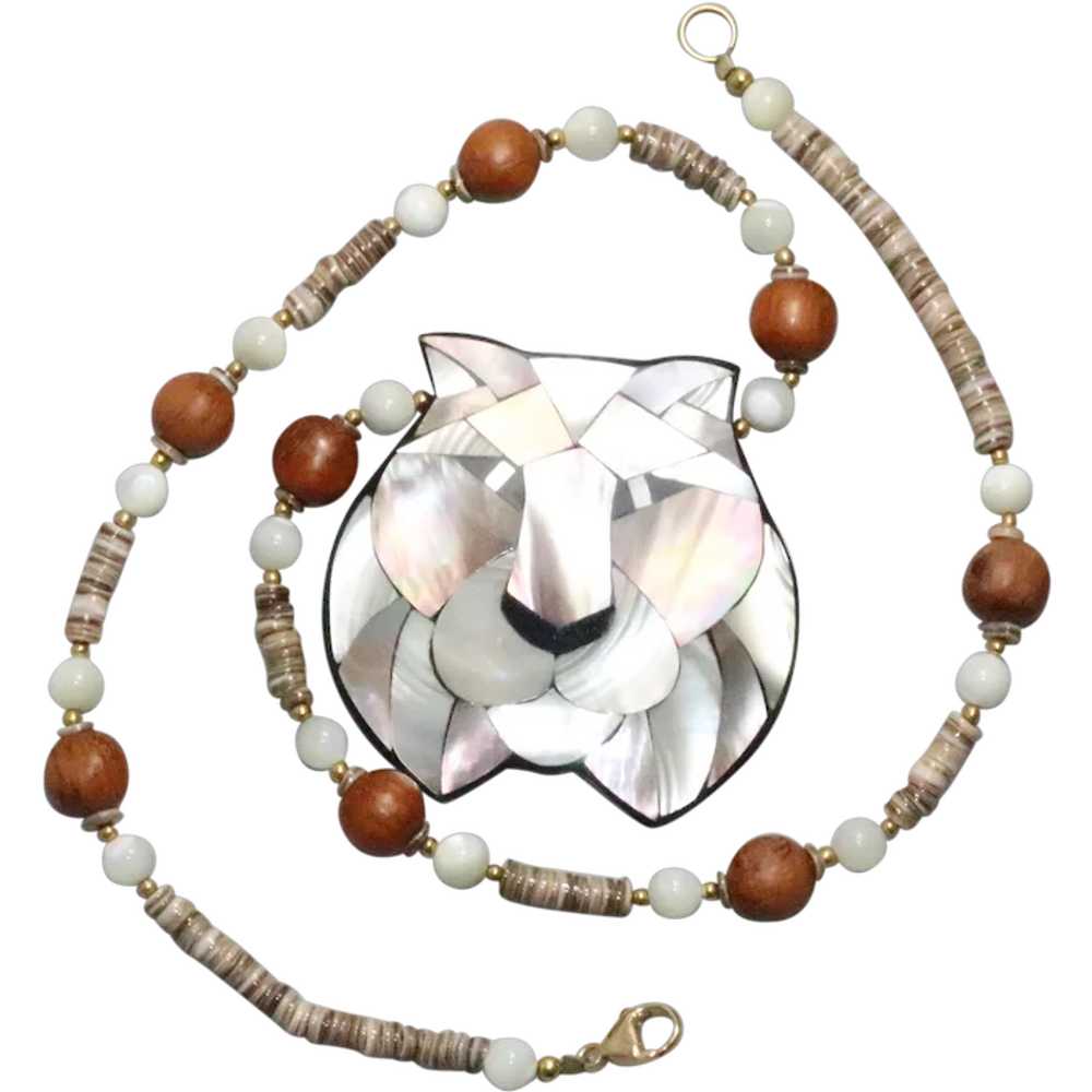 Mother of Pearl Lion Wood Shell Beaded Necklace - image 1