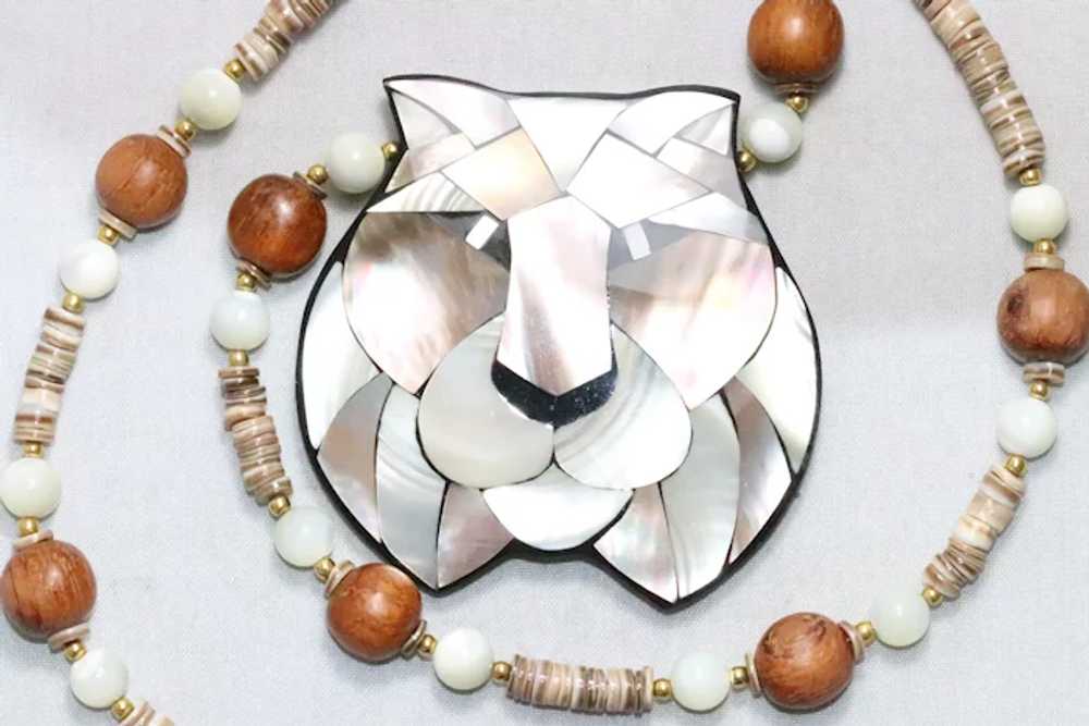 Mother of Pearl Lion Wood Shell Beaded Necklace - image 2