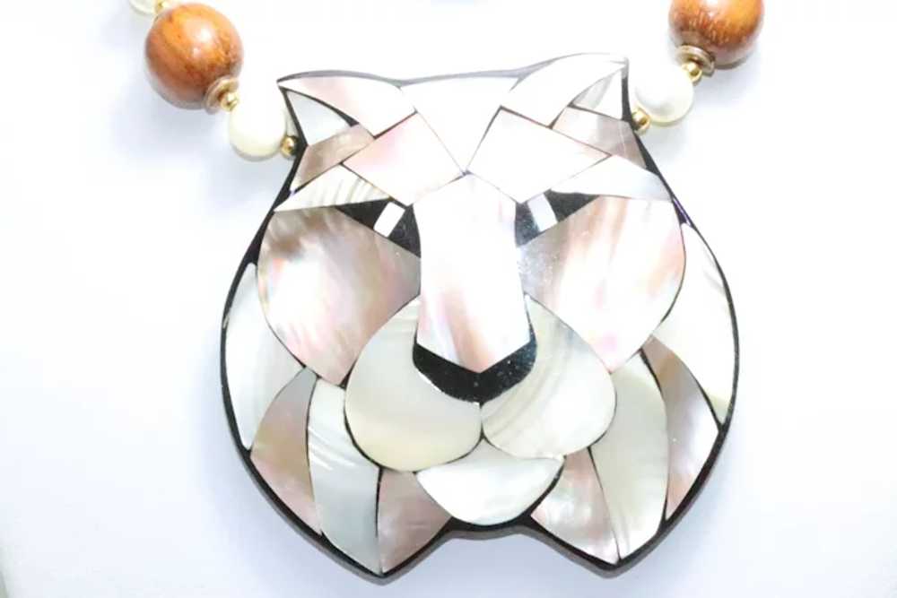 Mother of Pearl Lion Wood Shell Beaded Necklace - image 3