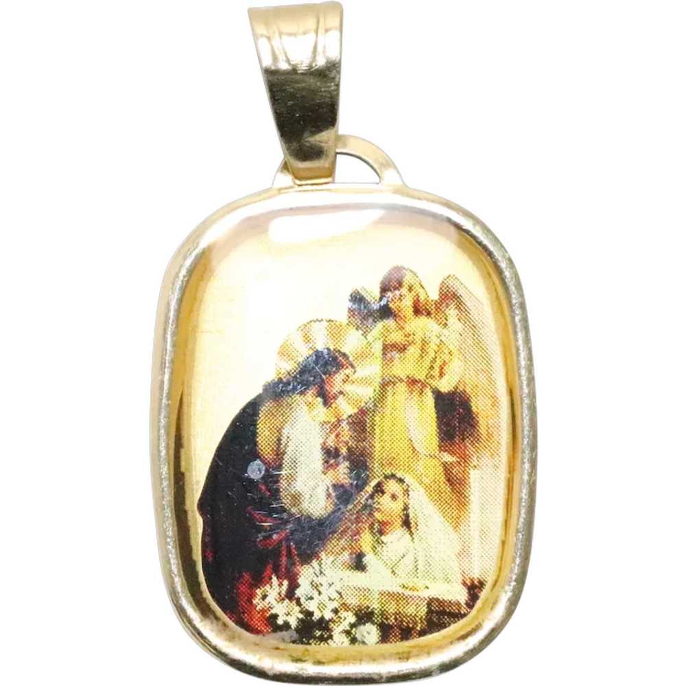 14KT Yellow Gold Baptism Scene Clear Enamel Penda… - image 1