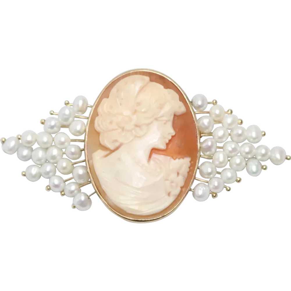 14k Gold Cameo Pearl Brooch - image 1