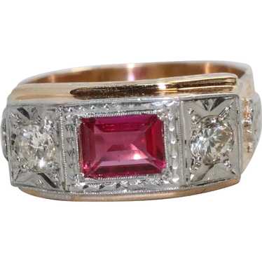 Vintage 14K Two Toned Gold Emerald Cut Ruby Diamo… - image 1