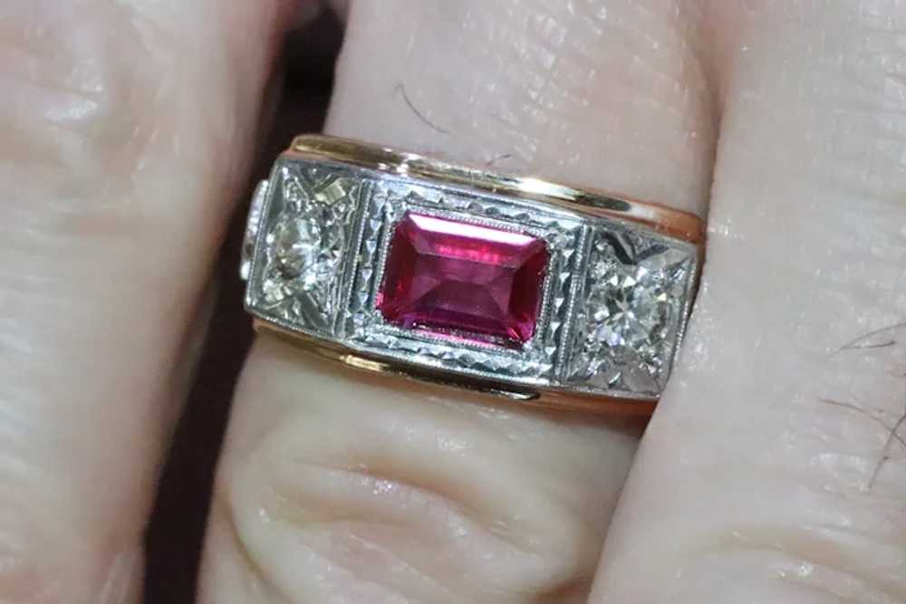 Vintage 14K Two Toned Gold Emerald Cut Ruby Diamo… - image 2