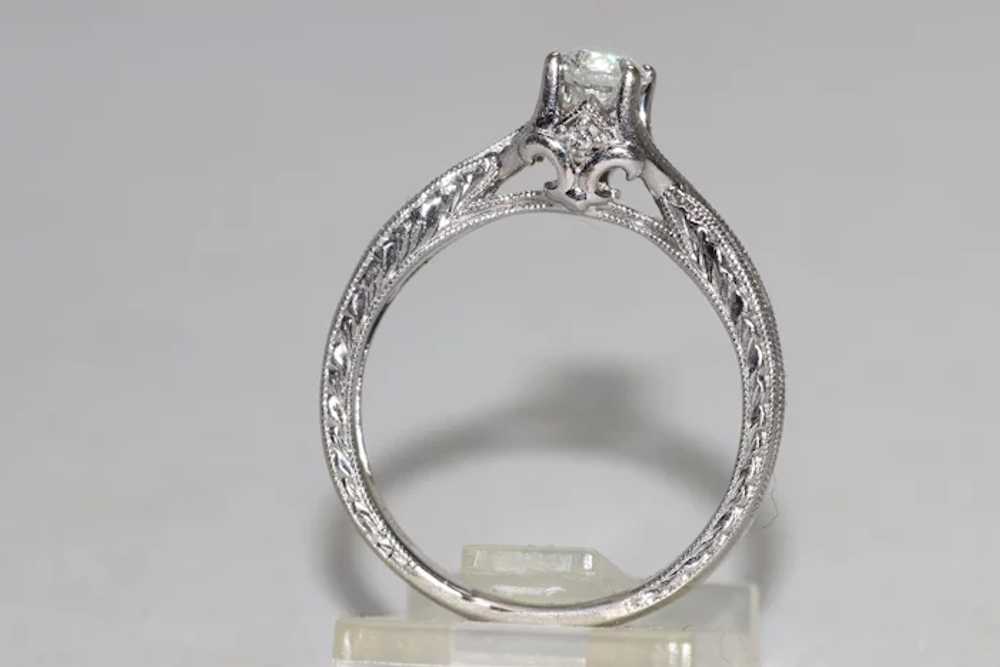 14K White Gold Hand Engraved Diamond Ring - image 4