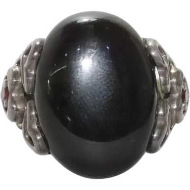 Vintage Sterling Silver Black Onyx and Heart Ring - image 1