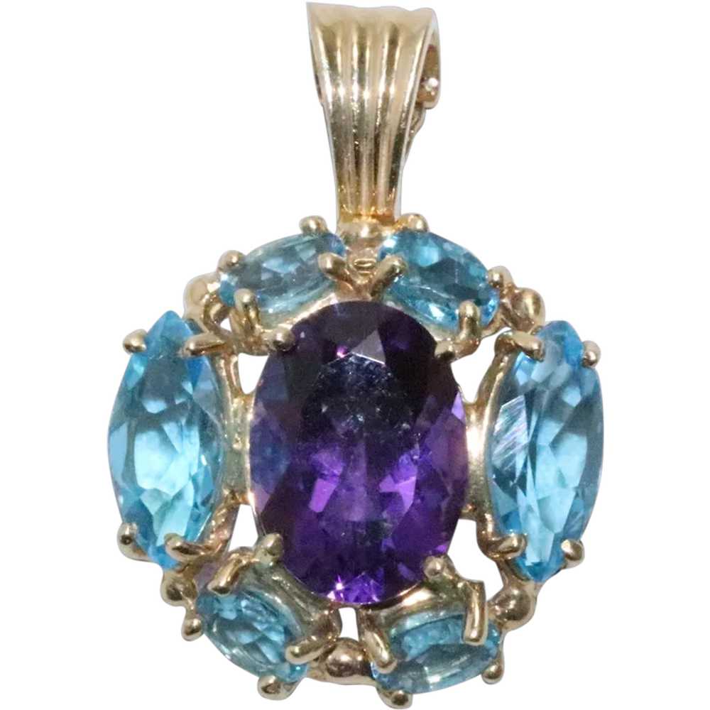 14 KT Yellow Gold Blue Topaz and Amethyst Pendant - image 1