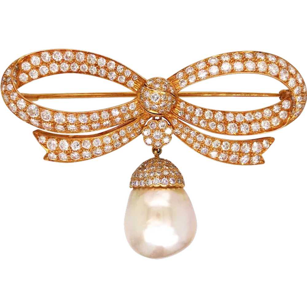 Diamond Pearl Gold Bow Brooch - image 1