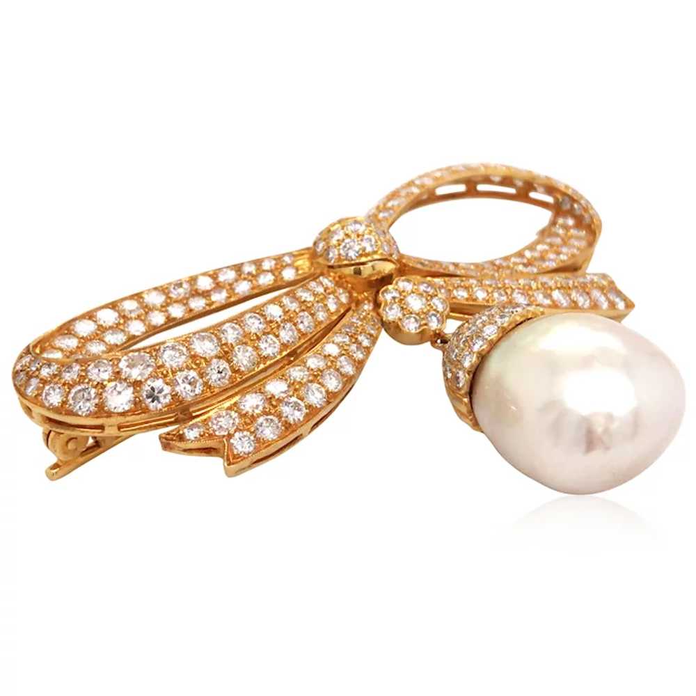 Diamond Pearl Gold Bow Brooch - image 2